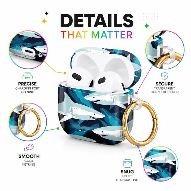 Alt view image 4 of 6 - Hard Case Compatible with AirPod 4 2024, Shockproof Protective Cover for Airpod 4th Generation with Gold Ring Keychain, Cute Aesthetic Design for Women(Shark Blue Ocean)