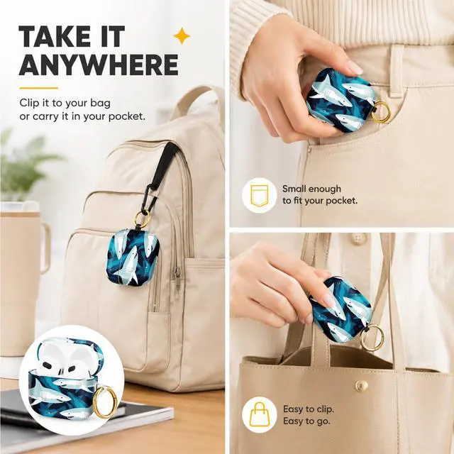 Alt view image 5 of 6 - Hard Case Compatible with AirPod 4 2024, Shockproof Protective Cover for Airpod 4th Generation with Gold Ring Keychain, Cute Aesthetic Design for Women(Shark Blue Ocean)
