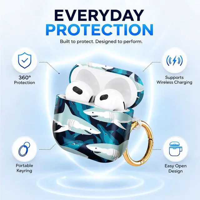 Alt view image 6 of 6 - Hard Case Compatible with AirPod 4 2024, Shockproof Protective Cover for Airpod 4th Generation with Gold Ring Keychain, Cute Aesthetic Design for Women(Shark Blue Ocean)