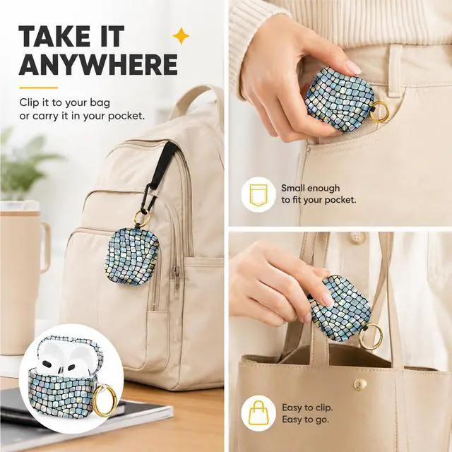 Alt view image 5 of 6 - Hard Case Compatible with AirPod 4 2024, Shockproof Protective Cover for Airpod 4th Generation with Gold Ring Keychain, Cute Aesthetic Design for Women(Colorful Irregular Tile)