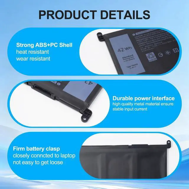 Alt view image 3 of 7 - 42Wh YRDD6 Laptop Battery for Dell inspiron 15 3583 3593 3582 3584 3501, inspiron 15 5582 5584 5593 5594 5598 5585 14 3493 5481 5482 5485 5491 5493 7586 Vostro 5481 1VX1H P93G P75F Batteries