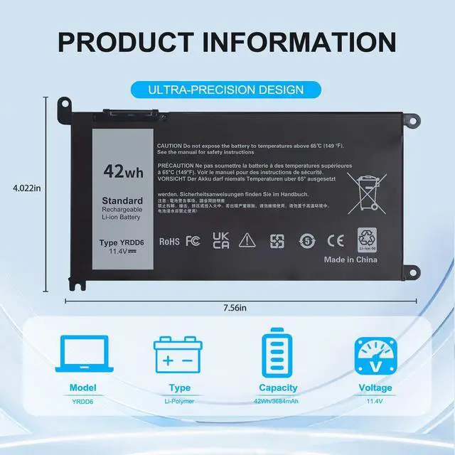 Alt view image 4 of 7 - 42Wh YRDD6 Laptop Battery for Dell inspiron 15 3583 3593 3582 3584 3501, inspiron 15 5582 5584 5593 5594 5598 5585 14 3493 5481 5482 5485 5491 5493 7586 Vostro 5481 1VX1H P93G P75F Batteries