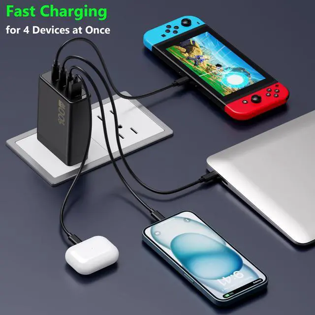 Alt view image 3 of 6 - 100W USB C Charger Block,4-Port GaN Fast Charger Compatible with MacBook Pro, MacBook Air, Google Pixelbook, ThinkPad, Dell XPS, iPad Pro, Galaxy iPhone All USB C Devices 6ft