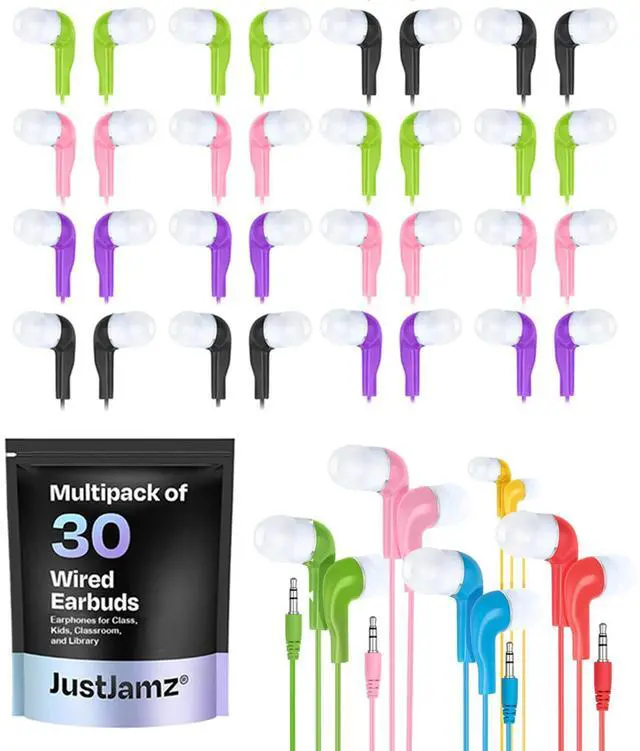 Main image of 30 Pack Jelly Roll Bulk Earbuds - Multicolor Wired Ear Buds for Classroom, Students, and Kids, 3.5mm Jack - Bulk Headphones Class Set for Chromebook, Library, and Office (No Mic)