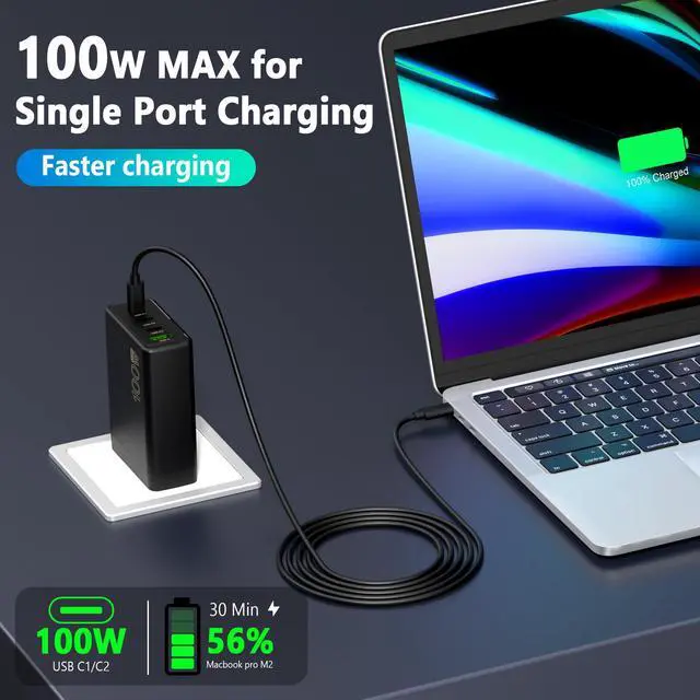 Alt view image 5 of 6 - 100W USB C Charger Block,4-Port GaN Fast Charger Compatible with MacBook Pro, MacBook Air, Google Pixelbook, ThinkPad, Dell XPS, iPad Pro, Galaxy iPhone All USB C Devices 6ft