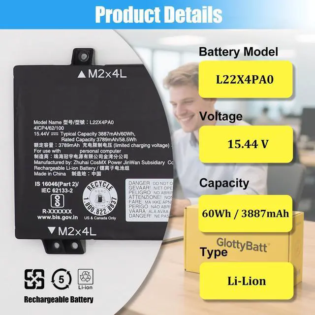Alt view image 2 of 7 - L22B4PA0 Battery Replacement for Lenovo Legion Slim 5-16APH8 | 5-16IRH8 LOQ 15APH8 15IRH8 16APH8 16IRH8, IdeaPad 1 15IAU7 Series, Laptop Battery L22M4PA0 L22D4PA0 L22X4PA0, 60Wh