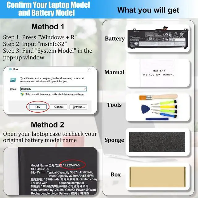 Alt view image 4 of 7 - L22B4PA0 Battery Replacement for Lenovo Legion Slim 5-16APH8 | 5-16IRH8 LOQ 15APH8 15IRH8 16APH8 16IRH8, IdeaPad 1 15IAU7 Series, Laptop Battery L22M4PA0 L22D4PA0 L22X4PA0, 60Wh