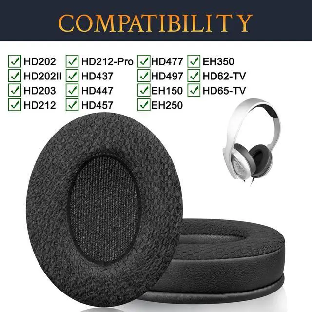 Alt view image 2 of 6 - Earpads Replacement for Sennheiser HD202/HD202II/HD203/HD212/HD212-Pro/HD437/HD447/HD457/HD477/HD497/EH150/EH250/EH350/HD62-TV/HD65-TV, Ear Pads Cushions with Football Texture Fabric - Black
