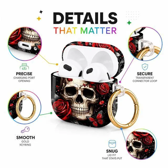 Alt view image 4 of 6 - Hard Case Compatible with AirPod 4 2024, Shockproof Protective Cover for Airpod 4th Generation with Gold Ring Keychain, Cute Aesthetic Design for Women(Skull Rose Butterfly Floral Black Red)