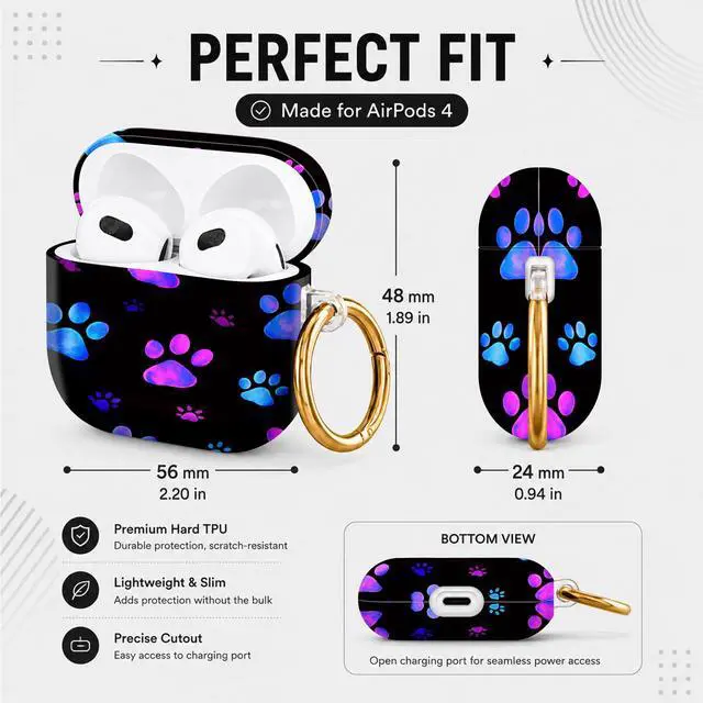 Alt view image 3 of 6 - Hard Case Compatible with AirPod 4 2024, Shockproof Protective Cover for Airpod 4th Generation with Gold Ring Keychain, Cute Aesthetic Design for Women(Colorful Dog Paw)