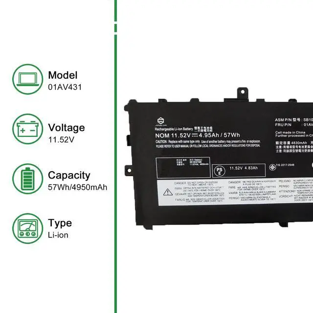 Alt view image 2 of 6 - 01AV431 Laptop Battery Replacement for Lenovo ThinkPad X1 Carbon 5th Gen 2017 6th Gen 2018 Series SB10K97588 01AV430 SB10K97587 01AV494 SB10K97586 01AV429 SB10K97586 11.52V 57Wh 4950mAh
