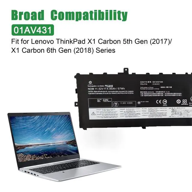 Alt view image 5 of 6 - 01AV431 Laptop Battery Replacement for Lenovo ThinkPad X1 Carbon 5th Gen 2017 6th Gen 2018 Series SB10K97588 01AV430 SB10K97587 01AV494 SB10K97586 01AV429 SB10K97586 11.52V 57Wh 4950mAh