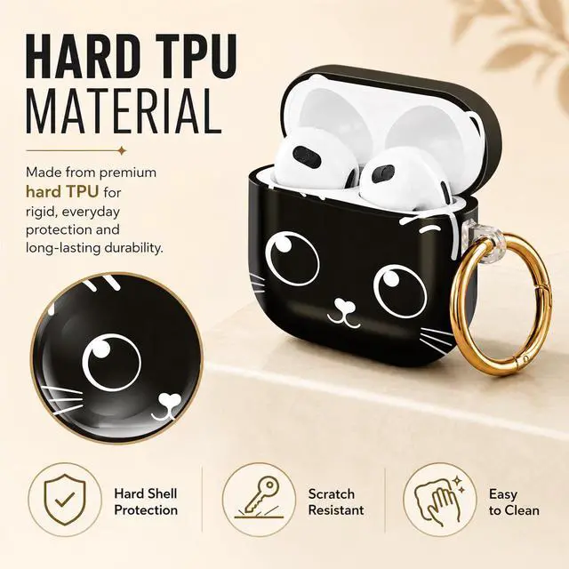Alt view image 2 of 6 - Hard Case Compatible with AirPod 4 2024, Shockproof Protective Cover for Airpod 4th Generation with Gold Ring Keychain, Cute Aesthetic Design for Women(Cute Cat Face)