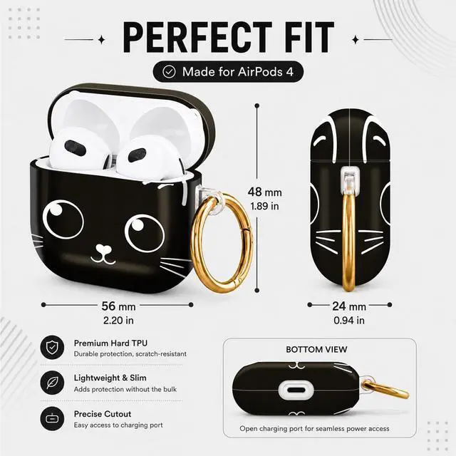 Alt view image 3 of 6 - Hard Case Compatible with AirPod 4 2024, Shockproof Protective Cover for Airpod 4th Generation with Gold Ring Keychain, Cute Aesthetic Design for Women(Cute Cat Face)