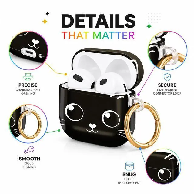 Alt view image 4 of 6 - Hard Case Compatible with AirPod 4 2024, Shockproof Protective Cover for Airpod 4th Generation with Gold Ring Keychain, Cute Aesthetic Design for Women(Cute Cat Face)
