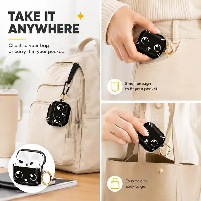 Alt view image 5 of 6 - Hard Case Compatible with AirPod 4 2024, Shockproof Protective Cover for Airpod 4th Generation with Gold Ring Keychain, Cute Aesthetic Design for Women(Cute Cat Face)