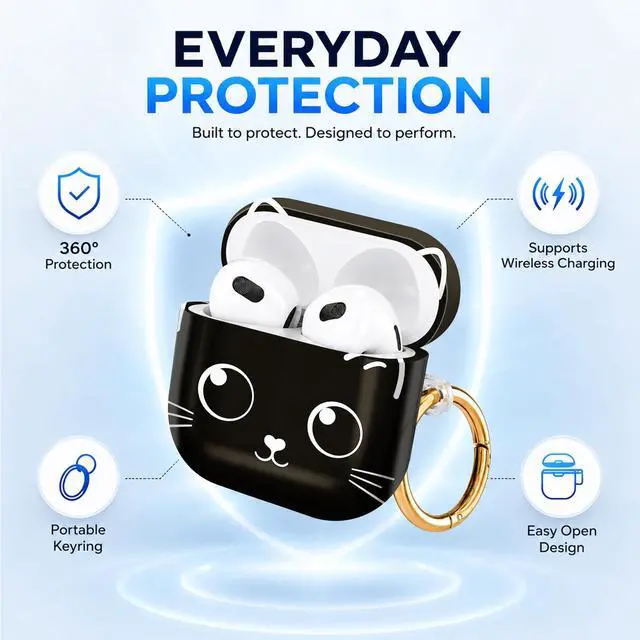 Alt view image 6 of 6 - Hard Case Compatible with AirPod 4 2024, Shockproof Protective Cover for Airpod 4th Generation with Gold Ring Keychain, Cute Aesthetic Design for Women(Cute Cat Face)