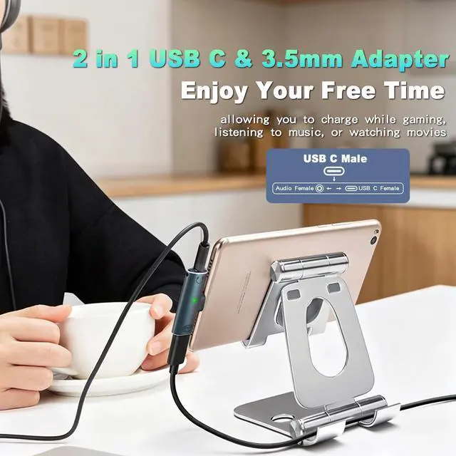 Alt view image 5 of 7 - USB C to 3.5mm Headphone and Charger Adapter, 2 in 1 Type-C to 3.5mm Audio Hi-Res with PD Fast Charging Dongle Adapter for iPhone 15/16 Pro/Max, Samsung Galaxy S24/S23, iPad Pro(Gray)