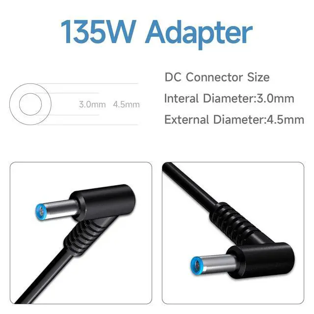 Alt view image 2 of 5 - 135W Laptop Charger Compatible with HP Spectre x360 15 16 2-in-1, Omen 15 17 AC Adapter, Pavilion Gaming 15 17 15-ec0013dx 15-ec0751ms L15534-001 TPN-DA11 TPN-CA13 Power Supply Cord (4.5x3.0mm)