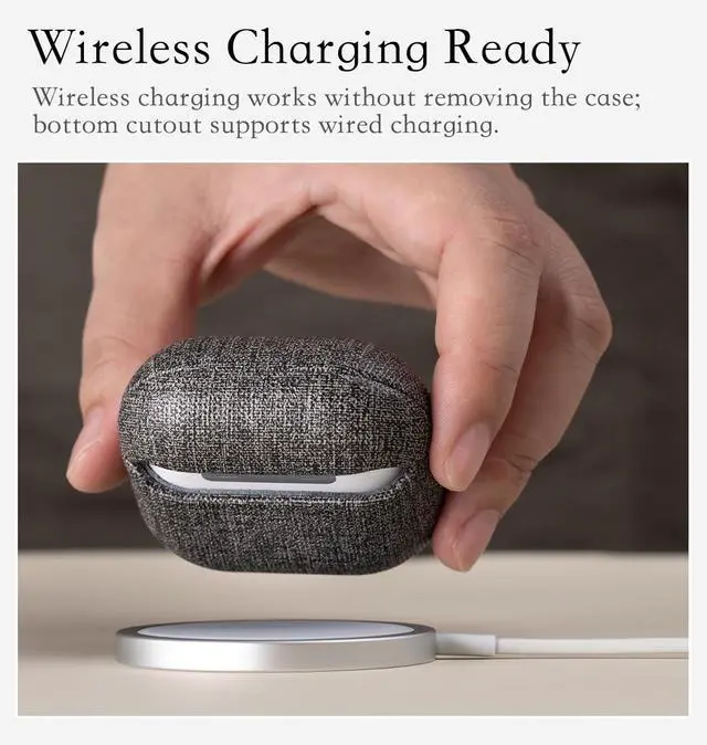 Alt view image 5 of 6 - Envelop Series - Hard Case for AirPods 4th Generation - Gray | Hand-crafted Case Fully Wrapped in Faux Leather; Canvas Finish; Soft Microfiber Inner Lining; Qi wireless charging