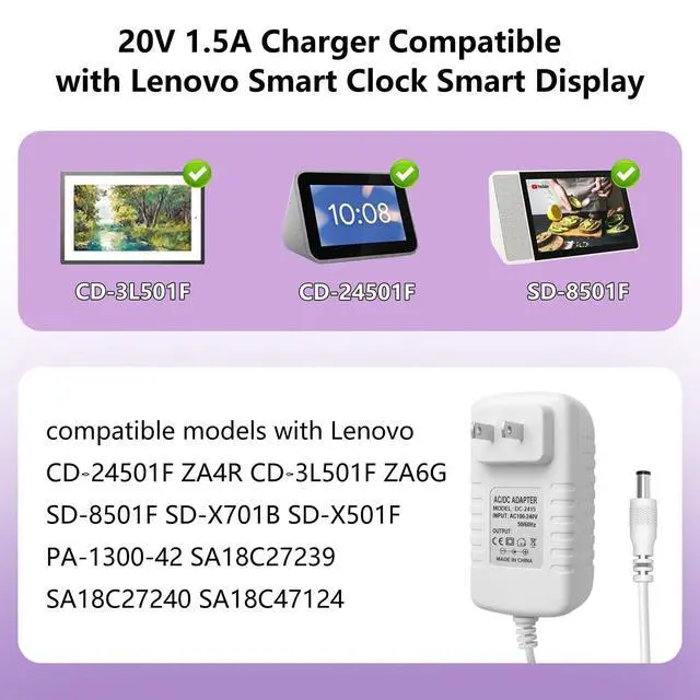 Alt view image 3 of 7 - 20V 1.5A Charger for Lenovo Smart Clock Display Not for 12V PA-1300-41 | Fits SD-8501F CD-24501F 4.0x1.7mm plug 5.9ft cord 30W supply with over-voltage protection & pure copper wire