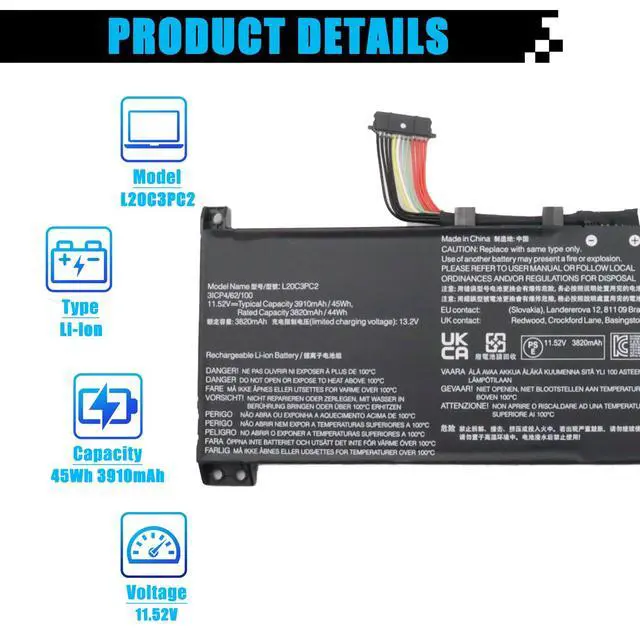 Alt view image 2 of 7 - L20C3PC2 L20D3PC2 Laptop Battery Replacement for Lenovo Ideapad Gaming 3-15ACH6 Type-82K2 82MJ Ideapad Gaming 3-15IHU6 Type-82K1 82MG Series SB11B96716 L20M3PC2 SB11B96717 SB11B96720 45Wh 3910mAh