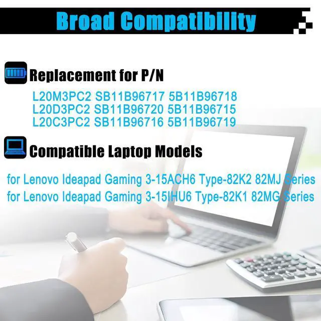 Alt view image 3 of 7 - L20C3PC2 L20D3PC2 Laptop Battery Replacement for Lenovo Ideapad Gaming 3-15ACH6 Type-82K2 82MJ Ideapad Gaming 3-15IHU6 Type-82K1 82MG Series SB11B96716 L20M3PC2 SB11B96717 SB11B96720 45Wh 3910mAh