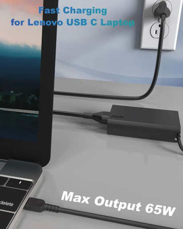Alt view image 2 of 6 - 65W USB Type C Laptop Charger fits for Lenovo Thinkpad/Yoga/Thinkbook | for Lenovo Thinkpad T14 E16 T16 T480 T590 Yoga 7i L13 Chromebook Computer Charger USB C AC Power Adapter