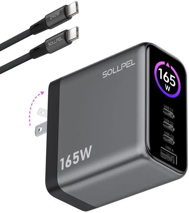 Main image of 165W 4-Port GaN USB C Charger Block with Display | 140W Fast Charging for 1 or 100W+65W for 2 Laptops Foldable Wall Adapter for MacBook Pro, iPad, iPhone 17/16(+5FT 240W Cable)