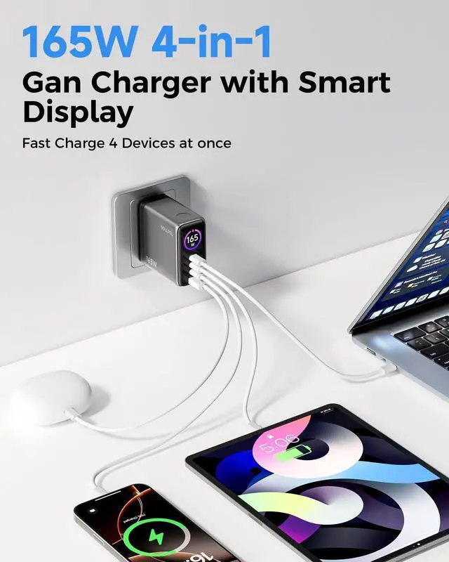 Alt view image 3 of 6 - 165W 4-Port GaN USB C Charger Block with Display | 140W Fast Charging for 1 or 100W+65W for 2 Laptops Foldable Wall Adapter for MacBook Pro, iPad, iPhone 17/16(+5FT 240W Cable)