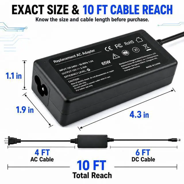 Alt view image 3 of 6 - 65W Laptop Charger Fit for HP Pavilion x360 Envy 11 13 15 Elitebook 840 | For Pavilion 14 15 17 EliteBook 850 845 830 820 ProBook 640 650 745 735 Stream 11 13 14, Replacement for 710412-001 4.5mm Tip