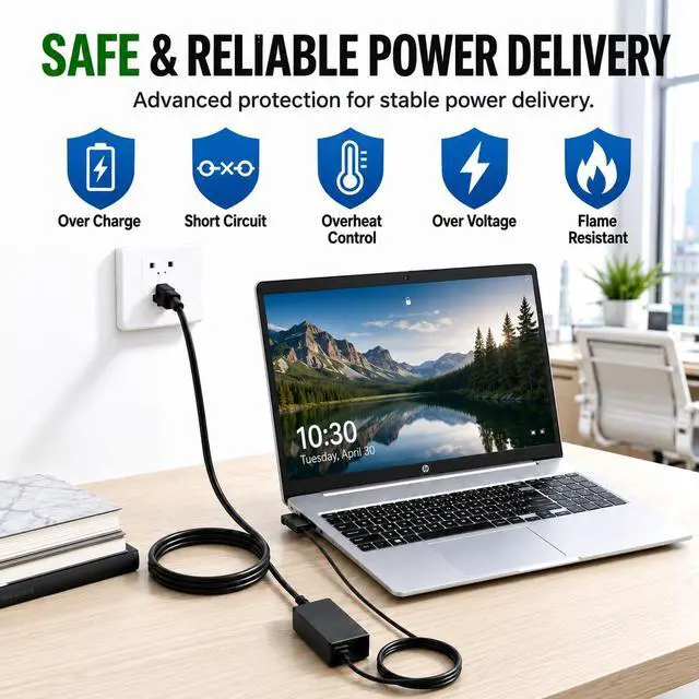 Alt view image 6 of 6 - 65W Laptop Charger Fit for HP Pavilion x360 Envy 11 13 15 Elitebook 840 | For Pavilion 14 15 17 EliteBook 850 845 830 820 ProBook 640 650 745 735 Stream 11 13 14, Replacement for 710412-001 4.5mm Tip