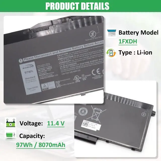 Alt view image 2 of 7 - 1FXDH Battery Replacement for Dell Latitude 15 5501 5511 E5501 | E5511, Precision 3541 3551 Series Notebook, 01WJT0 1WJT0 0D191G D191G CN-0D191G, 11.4V 97Wh 8071mAh