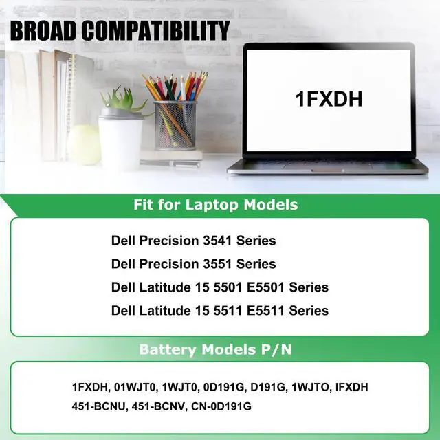 Alt view image 3 of 7 - 1FXDH Battery Replacement for Dell Latitude 15 5501 5511 E5501 | E5511, Precision 3541 3551 Series Notebook, 01WJT0 1WJT0 0D191G D191G CN-0D191G, 11.4V 97Wh 8071mAh