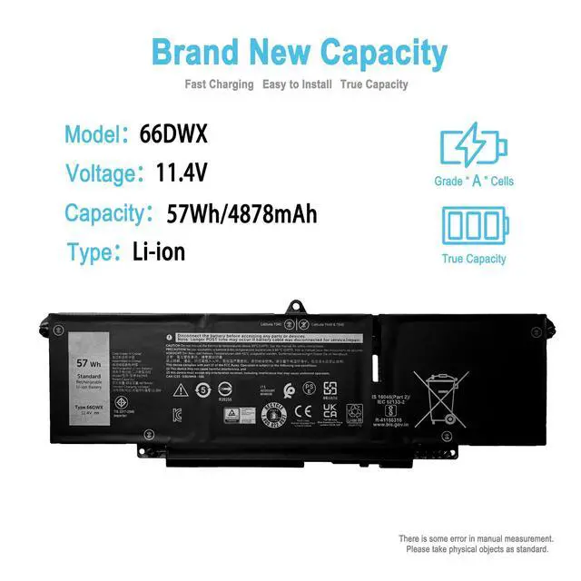Alt view image 2 of 7 - 66DWX Replacement Battery for Dell Latitude 7340 7350 7440 7450 7640 7650 | Type P126F P174G P175G P176G P178G P179G Series FH97R WW8N8 0HYH8 086D0Y 86D0Y 0CTJJ6 57Wh 4878mAh 11.4V