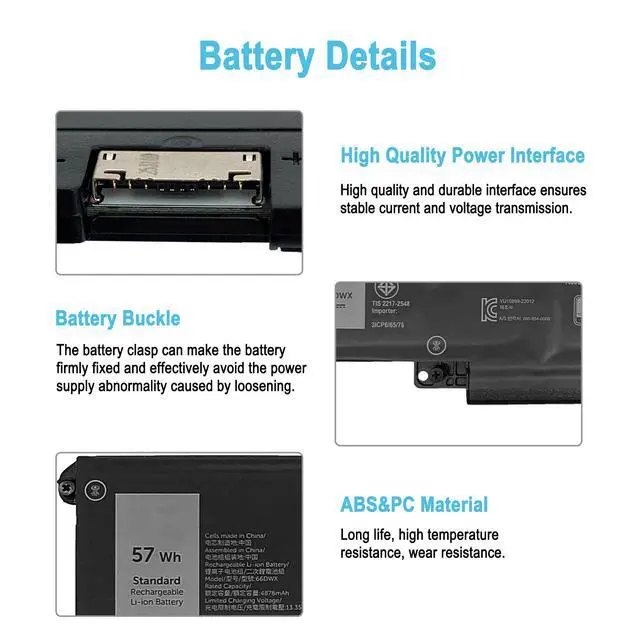 Alt view image 3 of 7 - 66DWX Replacement Battery for Dell Latitude 7340 7350 7440 7450 7640 7650 | Type P126F P174G P175G P176G P178G P179G Series FH97R WW8N8 0HYH8 086D0Y 86D0Y 0CTJJ6 57Wh 4878mAh 11.4V