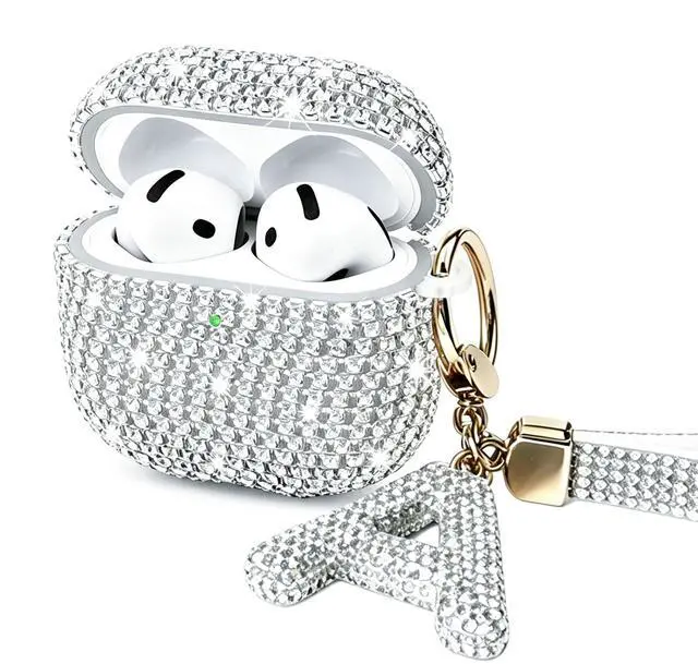 Main image of Case for AirPods 4 Generation Case White Initial Letter Bling Sparkly Keychain for Women Girls Cute Anti-Lost Glitter Crystal Shockproof Protective Cover for Airpods 4th-Silver/A