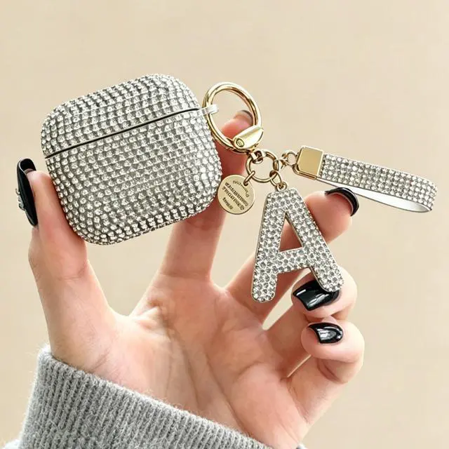 Alt view image 3 of 6 - Case for AirPods 4 Generation Case White Initial Letter Bling Sparkly Keychain for Women Girls Cute Anti-Lost Glitter Crystal Shockproof Protective Cover for Airpods 4th-Silver/A