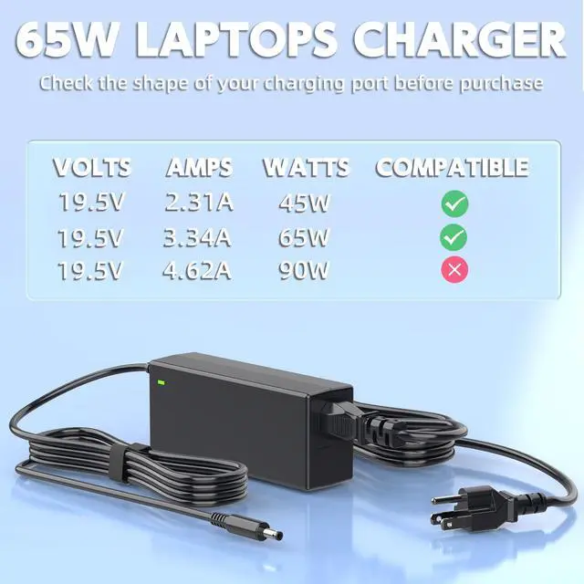 Alt view image 3 of 6 - 65W 45W Dell Laptop Charger for Inspiron 15 3000 5000 7000 Series | 4.5x3.0mm Dell Tip, 19.5V 3.34A, 100-240V, for 3501 3520 3535 5510 5590, Replaces