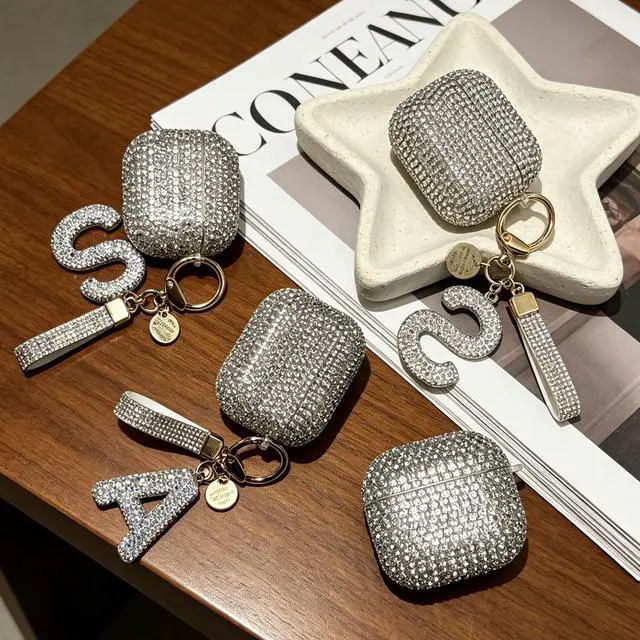 Alt view image 6 of 6 - Case for AirPods 4 Generation Case White Initial Letter Bling Sparkly Keychain for Women Girls Cute Anti-Lost Glitter Crystal Shockproof Protective Cover for Airpods 4th-Silver/A
