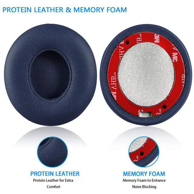 Alt view image 3 of 7 - Solo 2/3 Wireless Earpads - Replacement Ear Cushion Pads with Protein Leather and Memory Foam for Beats Solo 2.0/3.0 Wireless On Ear Headphones ONLY (Navy Blue)