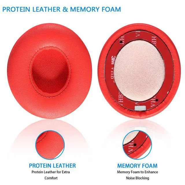 Alt view image 3 of 7 - Solo 2/3 Wireless Earpads - Replacement Ear Cushion Pads with Protein Leather and Memory Foam for Beats Solo 2.0/3.0 Wireless On Ear Headphones ONLY (Red)
