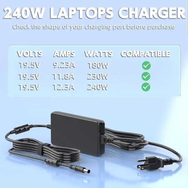 Alt view image 3 of 7 - 240W Dell Gaming Laptop Charger for G3 G5 G7 G15 G16 Alienware | 7.4x5.0mm Dell Tip, 19.5V 12.3A 240W, 100-240V, for G15 5530 G16 7620, Replaces PA9E, NOT 330W