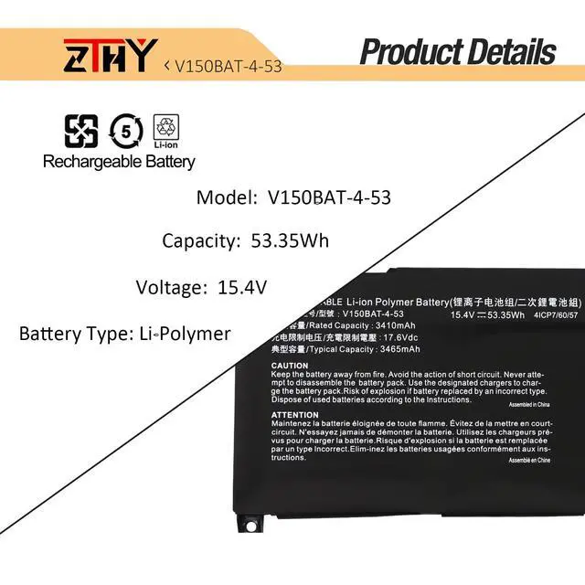 Alt view image 3 of 7 - V150BAT-4-53 Laptop Battery Replacement for Hasee Z7 Z8 G8 Z7T Z7-DA7NP | Z8-DA7NT Z8-DA7NP G8-DA5 G8-DA7NP CV15S02 Machenike S15C Colorful P16 P15 Clevo V150RND V150BAT-3-41 V150BAT-4 53.35Wh
