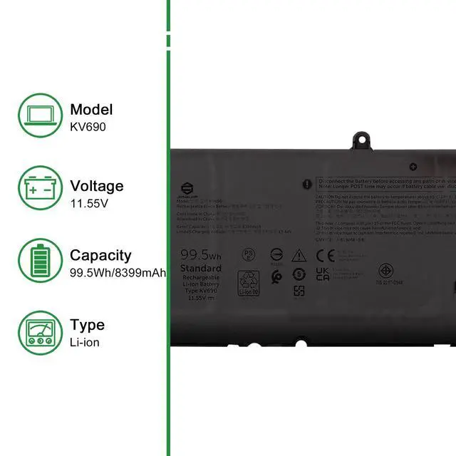 Alt view image 2 of 6 - KV690 Laptop Battery Replacement for Dell Precision 5680 5690 Series Notebook 6D2HW 06D2HW Black 11.55V 99.5Wh 8399mAh