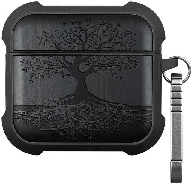 Main image of Solid Wood Case for AirPods 4, The Yin Yang Tree, Black | AirPods 4th Generation (2024, USB-C) Case with Quick-Release Keychain, Soft Shockproof TPU Cover, Artisan-Engraved Wood