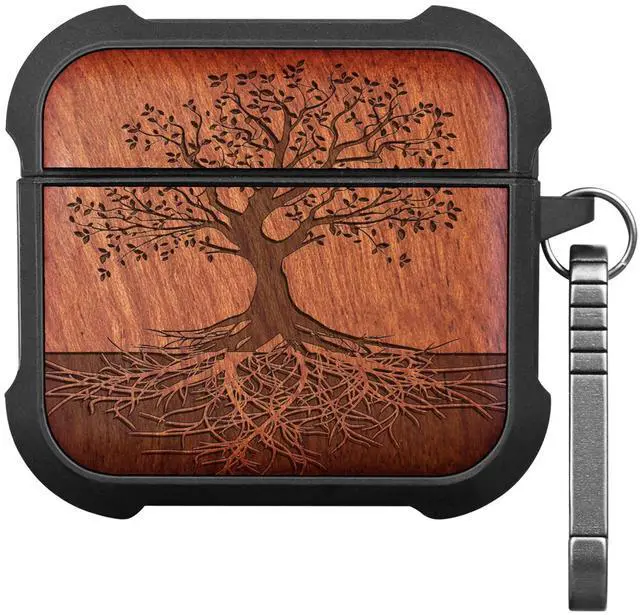 Main image of Solid Wood Case for AirPods 4, The Yin Yang Tree, Rosy | AirPods 4th Generation (2024, USB-C) Case with Quick-Release Keychain, Soft Shockproof TPU Cover, Artisan-Engraved Wood