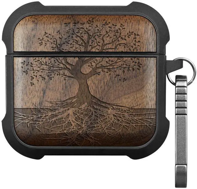 Main image of Solid Wood Case for AirPods 4, The Yin Yang Tree, Walnut | AirPods 4th Generation (2024, USB-C) Case with Quick-Release Keychain, Soft Shockproof TPU Cover, Artisan-Engraved Wood