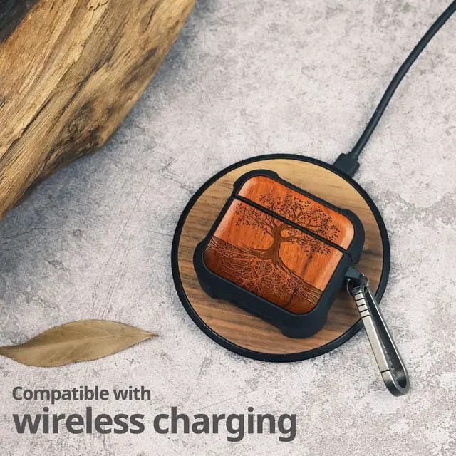 Alt view image 5 of 6 - Solid Wood Case for AirPods 4, The Yin Yang Tree, Rosy | AirPods 4th Generation (2024, USB-C) Case with Quick-Release Keychain, Soft Shockproof TPU Cover, Artisan-Engraved Wood
