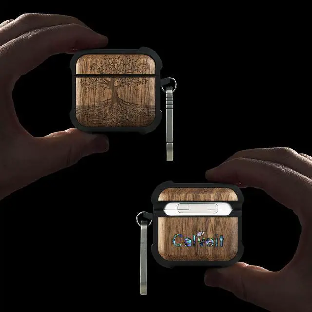 Alt view image 2 of 6 - Solid Wood Case for AirPods 4, The Yin Yang Tree, Walnut | AirPods 4th Generation (2024, USB-C) Case with Quick-Release Keychain, Soft Shockproof TPU Cover, Artisan-Engraved Wood